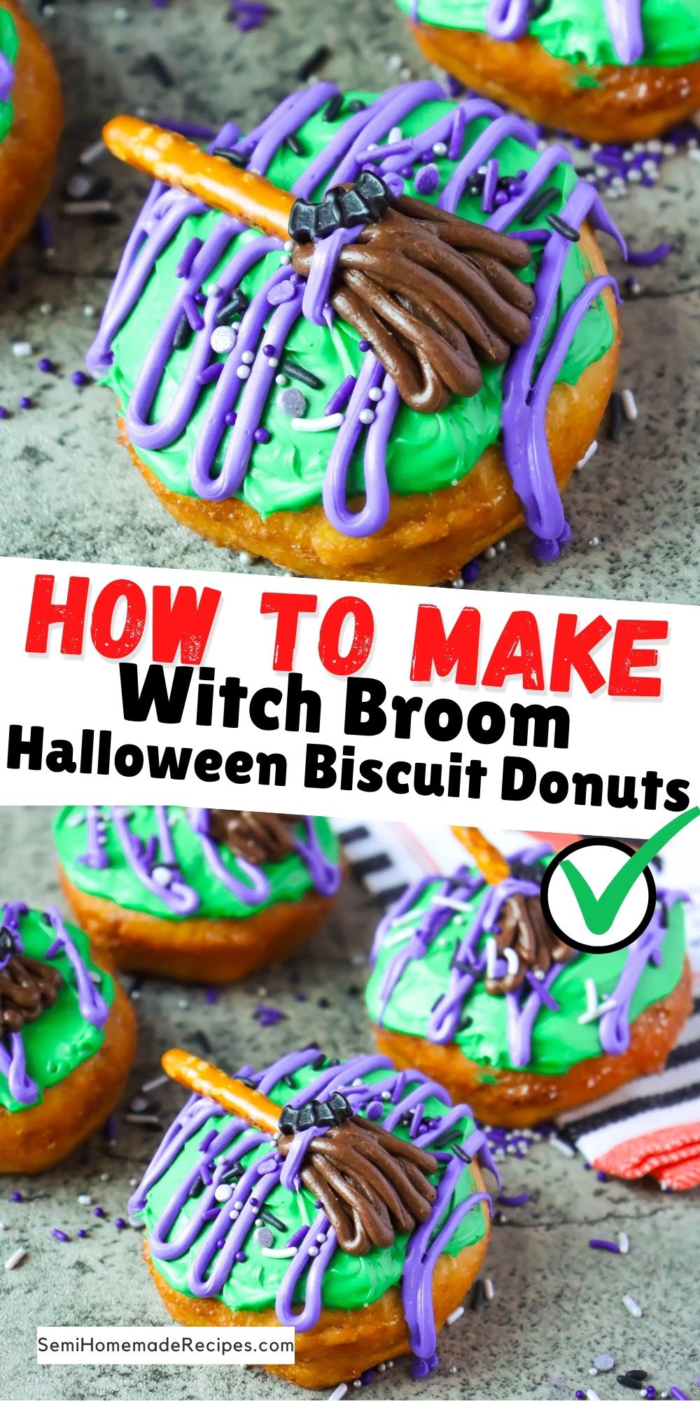 SemiHomemade Halloween Donuts are perfect for a spooky dessert table or a Halloween gift box for a friend! These Witch Broom Halloween Biscuit Donuts are made with canned biscuits and decorated with pretzel sticks and frosting!