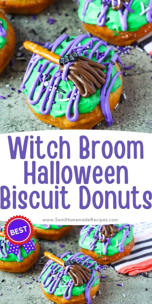 SemiHomemade Halloween Donuts are perfect for a spooky dessert table or a Halloween gift box for a friend! These Witch Broom Halloween Biscuit Donuts are made with canned biscuits and decorated with pretzel sticks and frosting!