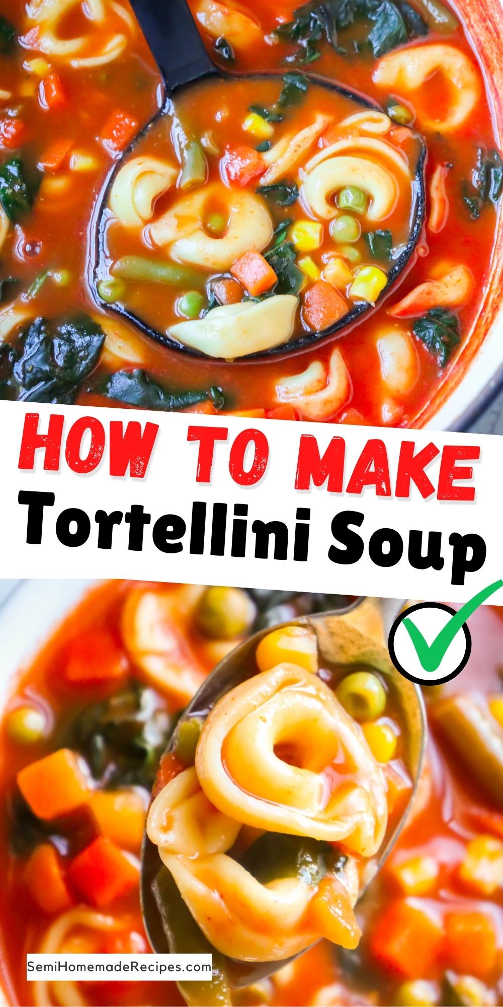 This Easy SemiHomemade Tortellini Soup has a tomato soup and chicken broth base and is filled with mixed vegetables and cheese filled tortellini. 