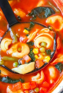 This Easy SemiHomemade Tortellini Soup has a tomato soup and chicken broth base and is filled with mixed vegetables and cheese filled tortellini.