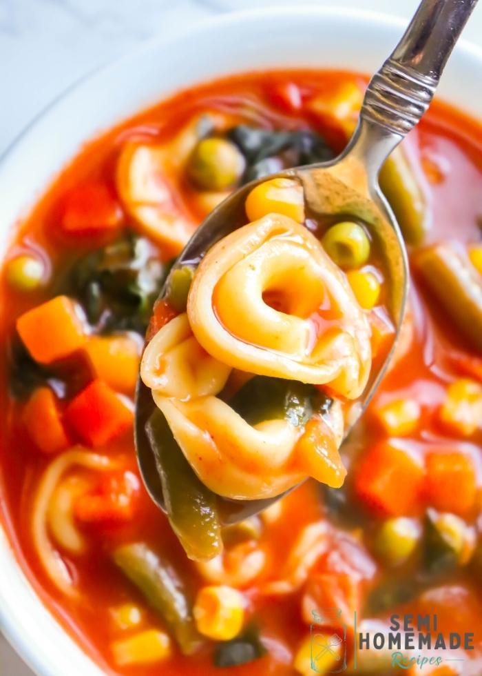 Tortellini Soup with Tortellini in spoon
