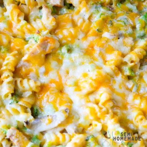 pasta ingredients mixed all together in casserole dish topped with melted cheese