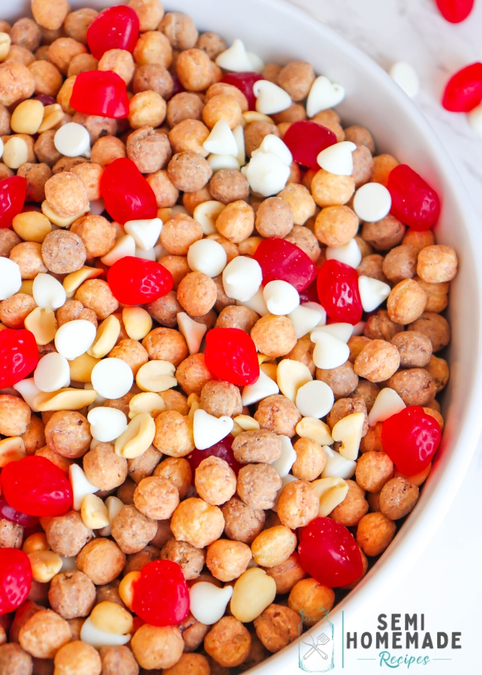 Peanut Butter Jelly Trail Mix in white bowl