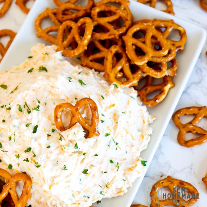 Ranch Cheese Dip - A cheesy, ranch flavored dip that is perfect for appetizers and parties! Super easy to make and great served with mini pretzels, carrots, or chips!