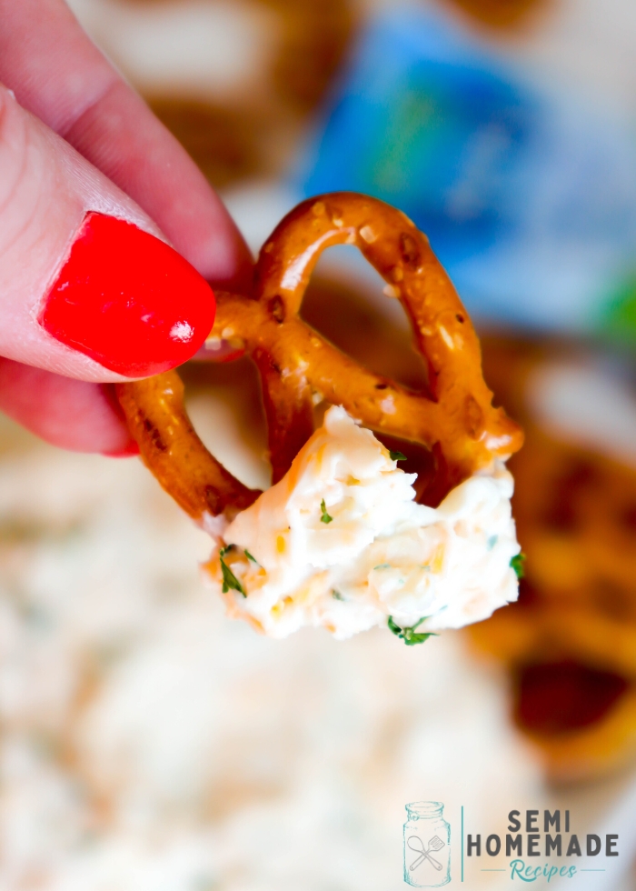 Ranch Cheese Dip on a mini pretzel