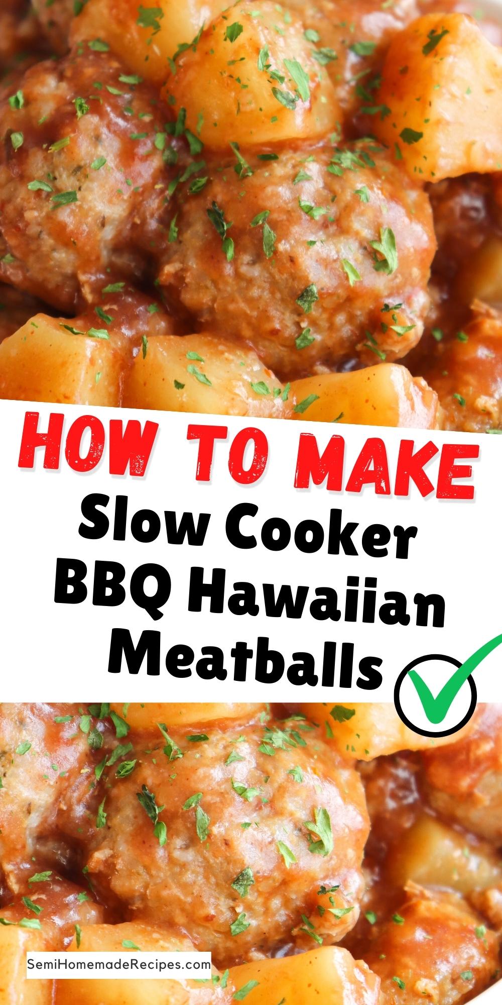 These Easy Slow Cooker BBQ Hawaiian Meatballs only take 3 ingredients and a little time in the slow cooker / crockpot! Perfect for dinner or as an party appetizer! 
