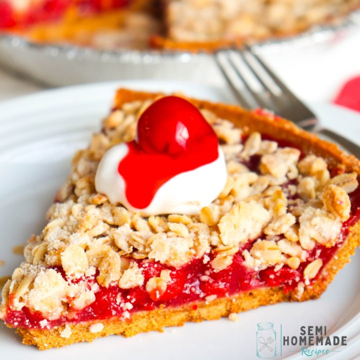 Vintage Cherry Crunch Pie is the perfect cherry pie to make for any party and it's great for dessert after dinner. You'll love how quickly this recipes comes together! The hardest part is waiting for it to cool!