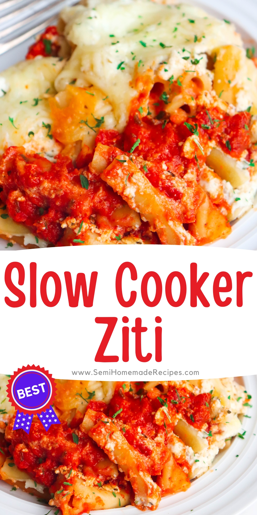 This Slow Cooker Ziti comes together in a snap and is perfect served along slices of homemade garlic bread. You'll love how easy this crock pot ziti is to toss together for lunch or dinner!