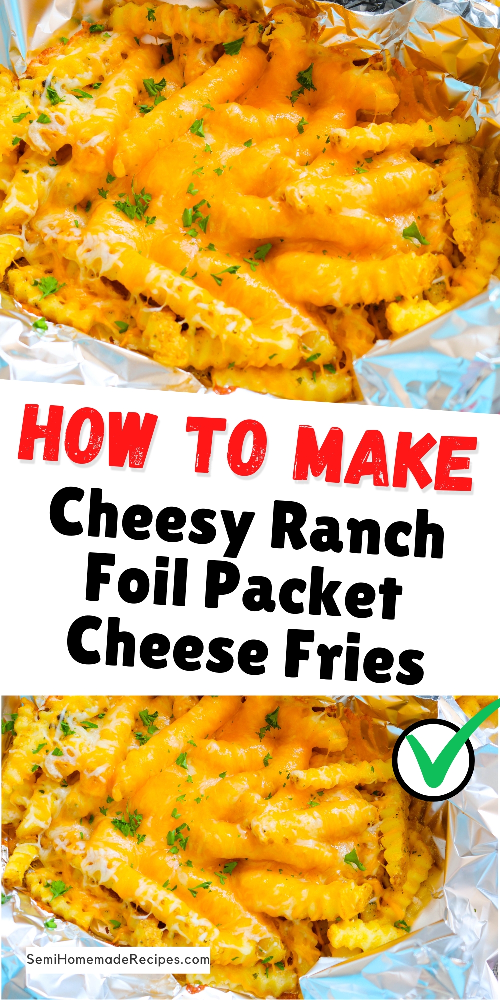 Going Camping or Staying at home? Either way, you'll love making these Cheesy Ranch Foil Packet Cheese Fries! You can make these over the campfire or at home in the oven! Don't like ranch? Leave off the ranch seasoning and add bacon bits!