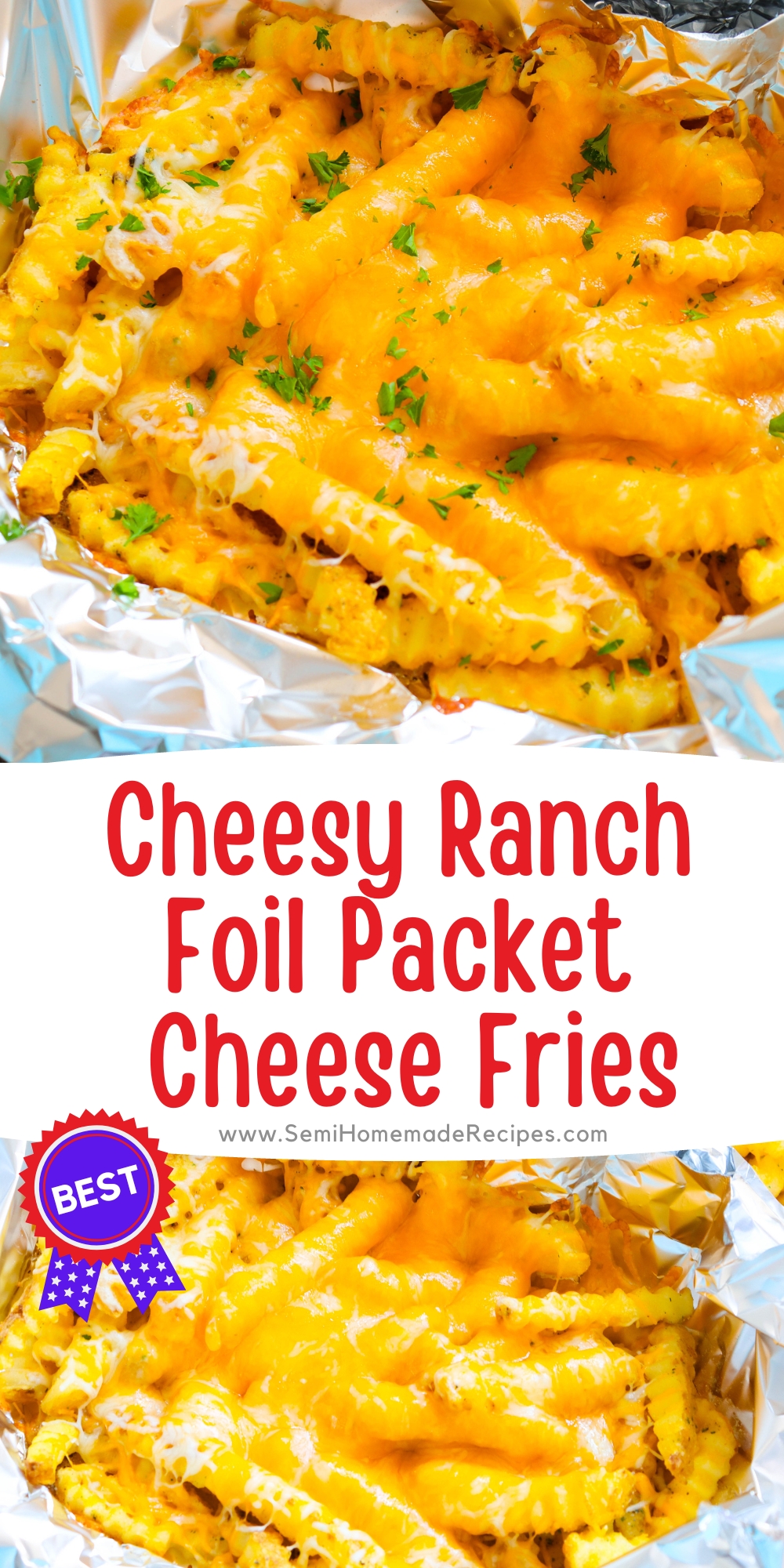 Going Camping or Staying at home? Either way, you'll love making these Cheesy Ranch Foil Packet Cheese Fries! You can make these over the campfire or at home in the oven! Don't like ranch? Leave off the ranch seasoning and add bacon bits!