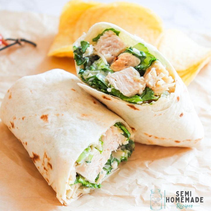 Chicken Caesar Wraps - A quick and easy meal that is ready in about 10 minutes. Fill wrap and roll for a kid friendly or adult loved lunch or dinner! Great with grilled chicken or fried chicken tenders.