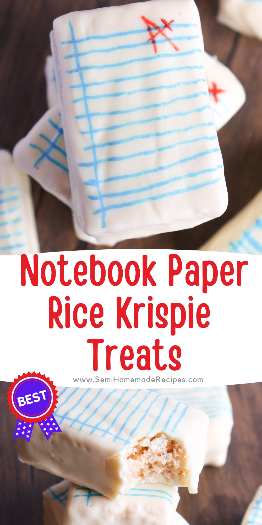 Time to get back into the swing of things because school is back in session! These Notebook Paper Rice Krispie Treats are super cute for teachers and students alike! 