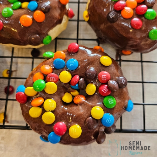 chocolate dipped air fry donut with M&MS