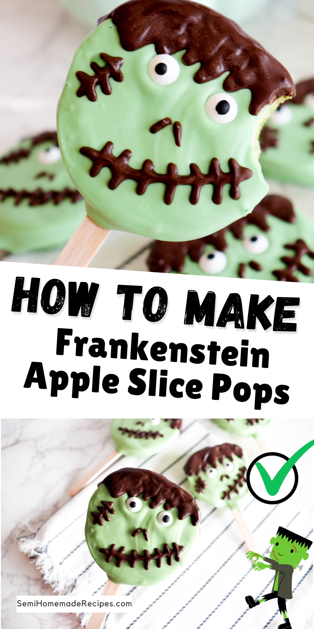 Looking for a healthier alternative to over the top sugary Halloween treats? Look no further than Frankenstein apple slice pops! These fun Halloween apple slice pops still have some chocolate on them but they're mostly apple, which counts as healthy version of Halloween treats compared to others. 