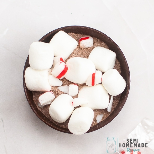 hot chocolate and marshmallows in chocolate sphere and peppermint pieces