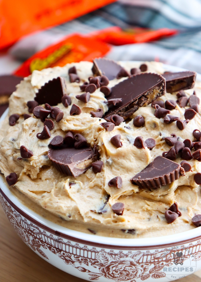 close up of creamy Reese&rsquo;s peanut butter cup dessert dip with chocolate chips