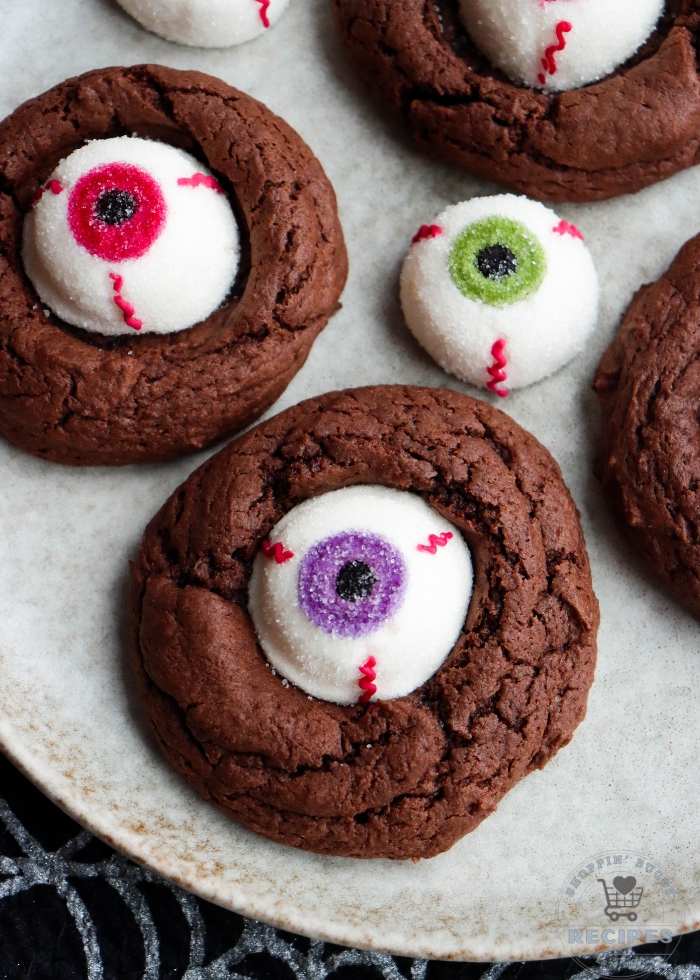 These Chocolate Eyeball Cookies start with a box of chocolate cake mix and get a spooky little finishing touch from marshmallow eyeballs! They’re an easy Halloween treat to make when you want something fun without spending all afternoon decorating cookies.