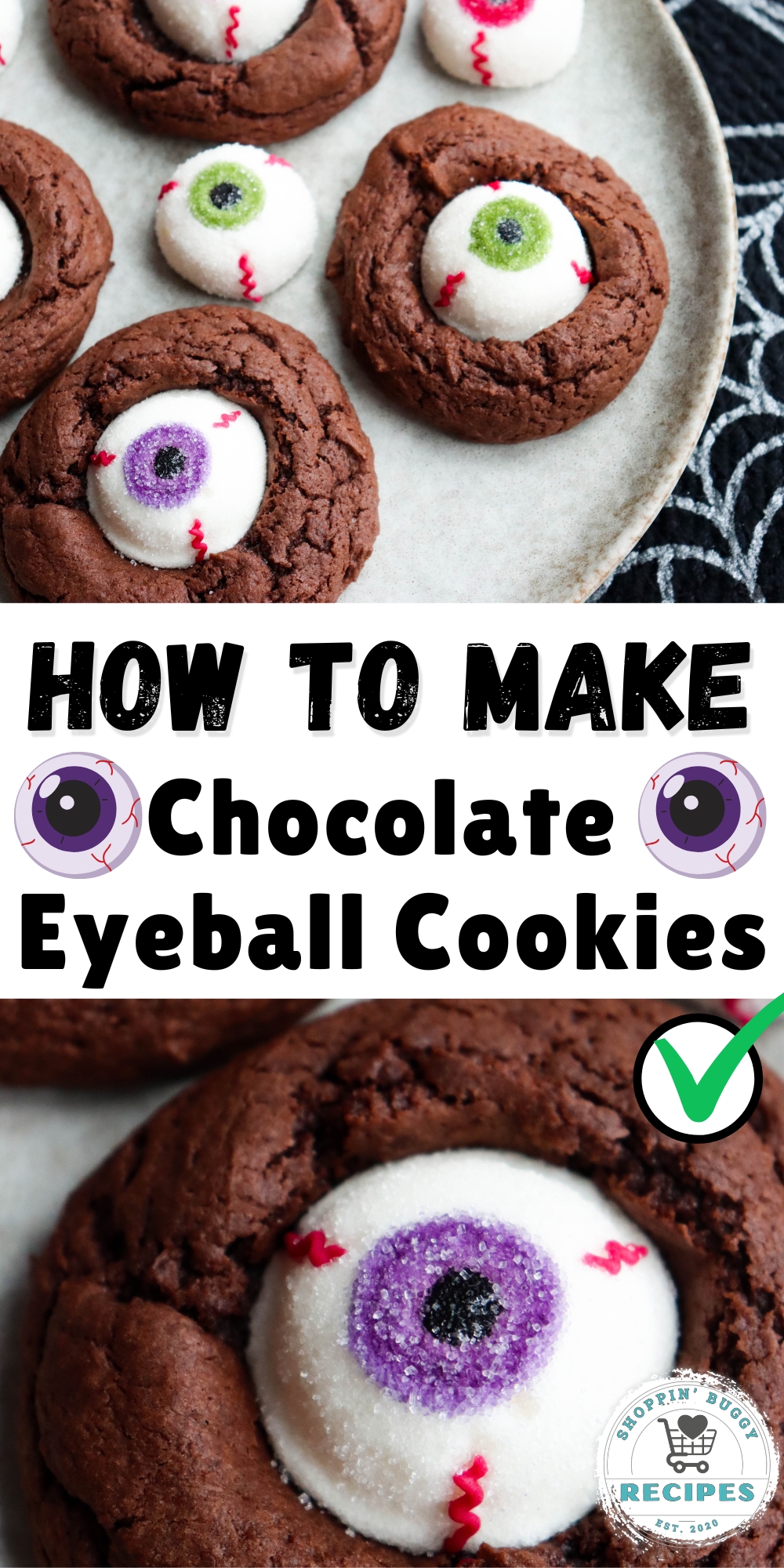 These Chocolate Eyeball Cookies start with a box of chocolate cake mix and get a spooky little finishing touch from marshmallow eyeballs! They&rsquo;re an easy Halloween treat to make when you want something fun without spending all afternoon decorating cookies.