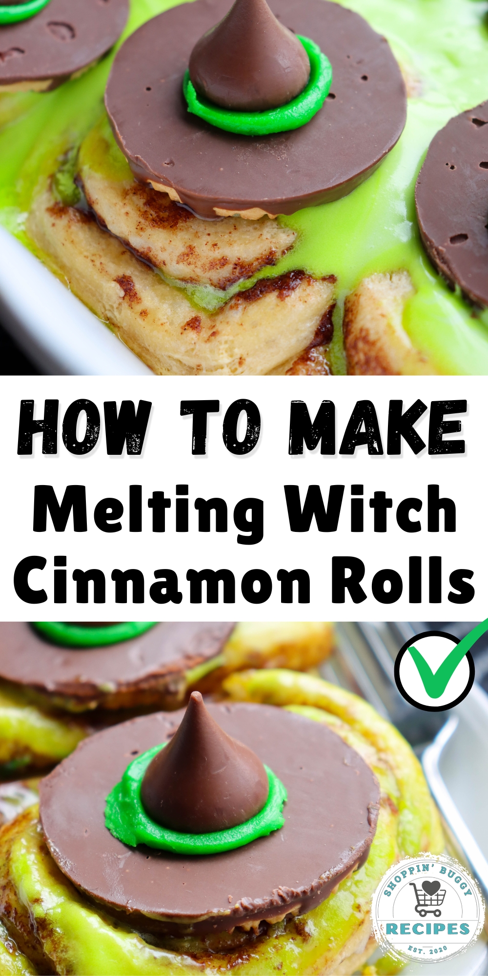 These Melting Witch Cinnamon Rolls turn canned cinnamon rolls into a fun Halloween breakfast! Green cream cheese icing drips over the rolls, and each one gets a little witch hat made from a Fudge Stripe cookie and a chocolate kiss.
